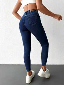 SHEIN PETITE Women's Skinny Cat Whisker Jeans - Dark Wash - View 2