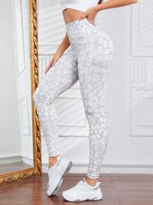 Leopard Print Wide Waistband Sports Leggings - Multicolor - View 5