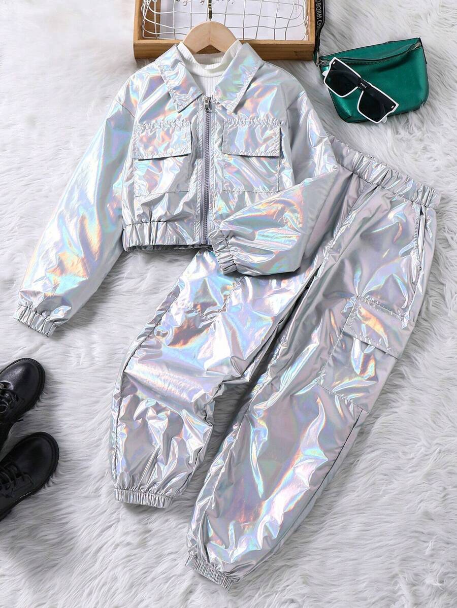 Teen Girl Holographic Flap Pocket Jacket & Pants Without Sweater - Silver - View 1