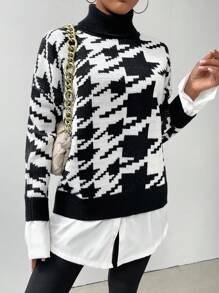 SHEIN LUNE Houndstooth Pattern Turtleneck Drop Shoulder 2 In 1 Knit Pullover Fall Winter Sweater - Black and White - View 1