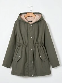 SHEIN LUNE 彈性腰帶連帽毛絨內襯外套 - 軍綠色 - 查看 5