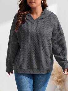 SHEIN LUNE Plus Size Cable Knit Drop Shoulder Sweatshirt - Dark Grey - View 3