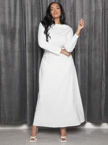 SHEIN SXY Plus Solid Ruched Front Dress - White - View 4