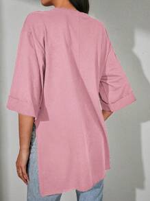 EURMUSE Women's Casual Everyday Commute Solid Color Drop Shoulder Loose Slit Hem T-Shirt, Summer - Pink - View 2