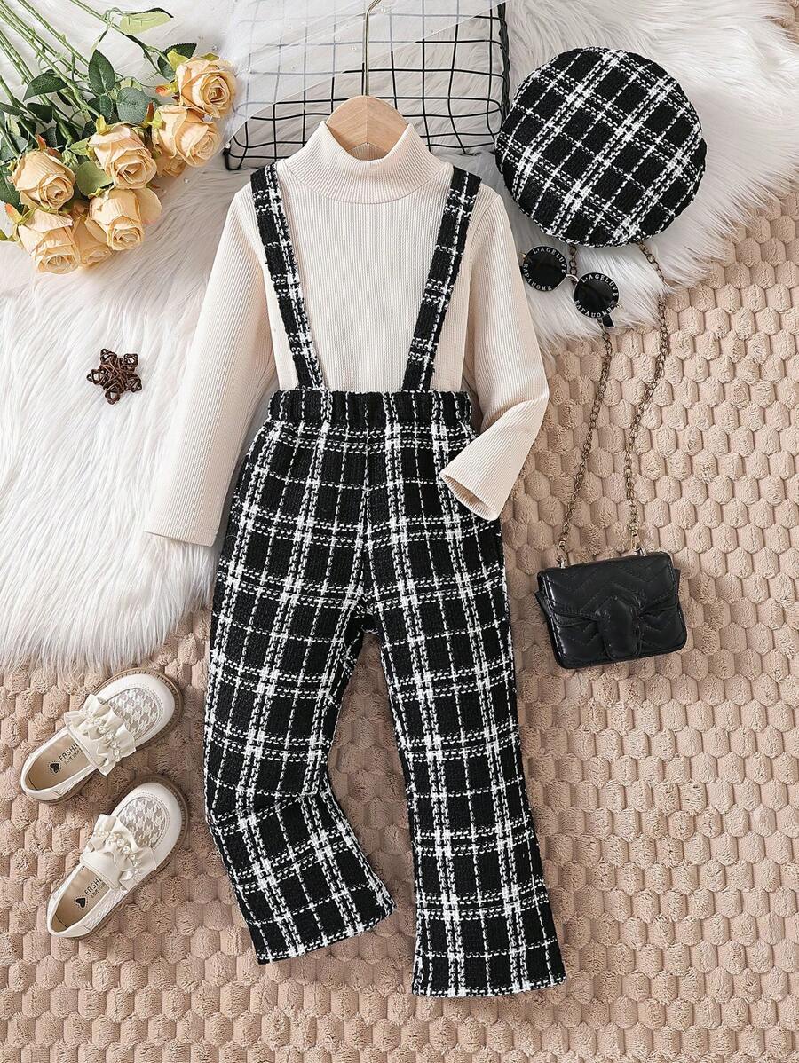 SHEIN Young Girl Mock Neck Tee & Plaid Print Suspender Pants & Hat - Multicolor - View 1