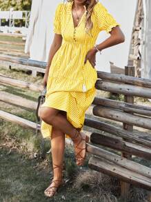 Breezaya Vertical Striped Flounce Sleeve Tassel Tie Neck Ruffle Hem Dress - Yellow - View 6