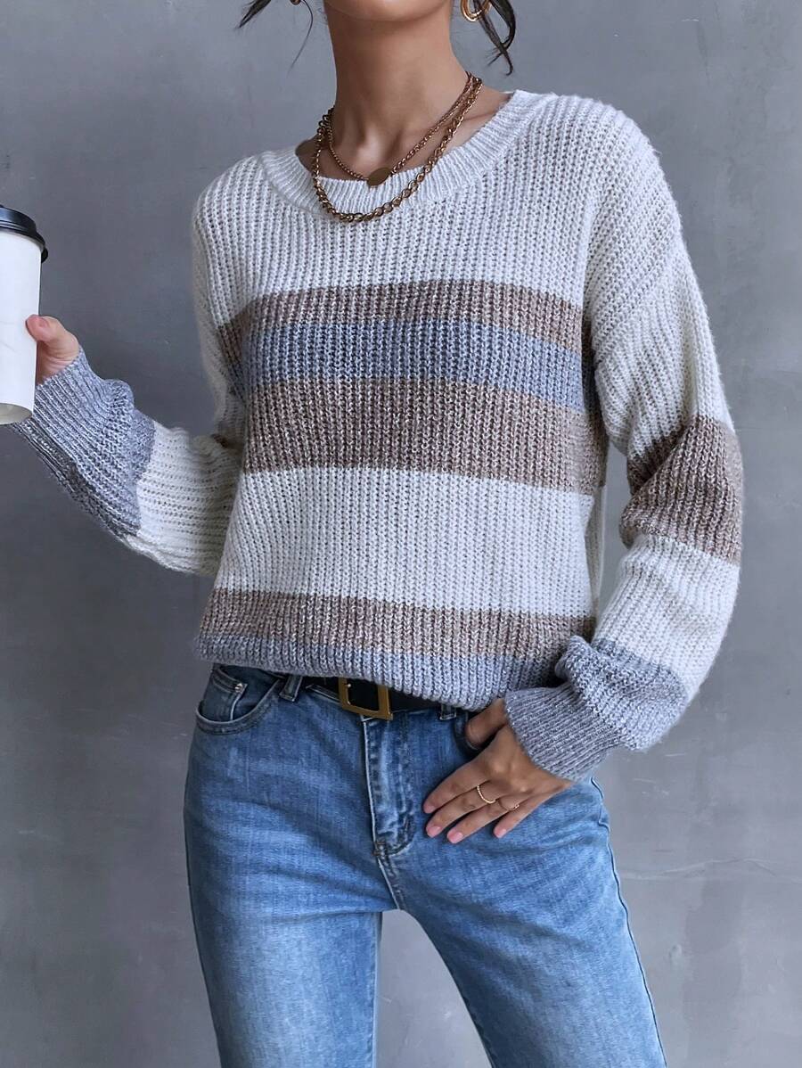 SHEIN LUNE Khối màu Thả vai Áo len - Màu be - Xem 1