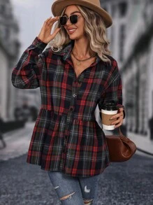 SHEIN LUNE 女式翻領格紋落肩長袖襯衫(荷葉邊下擺) - 彩色 - 查看 4