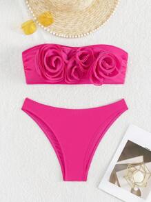 SHEIN Swim Summer Beach Floral Decor 3d Flower Strapless Bikini Set