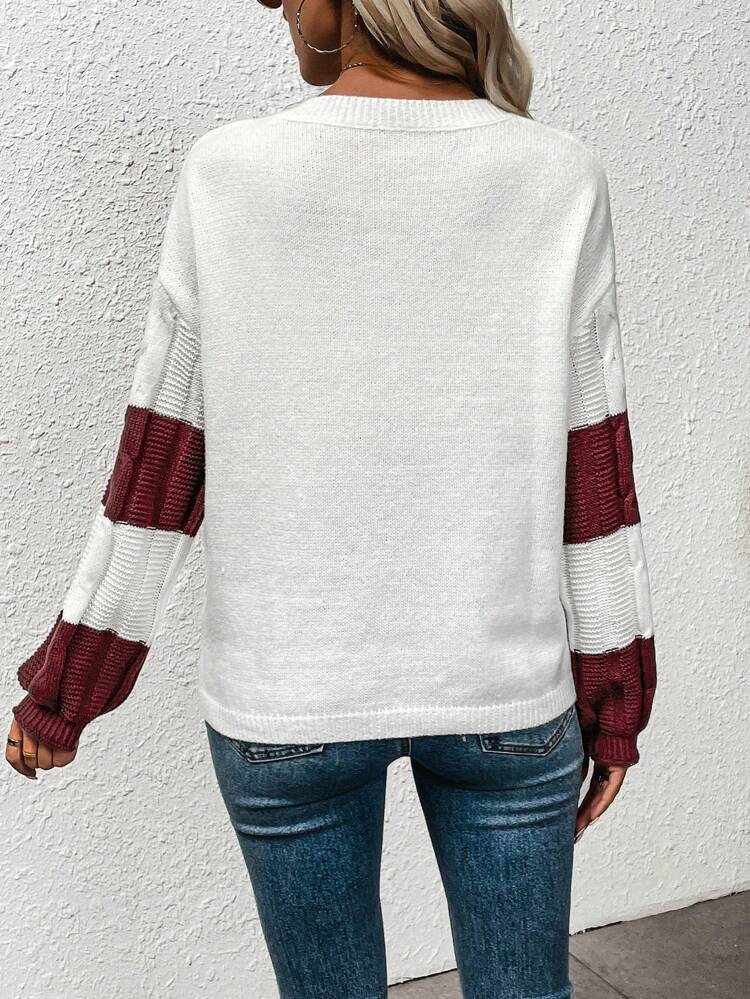 Chevron Pattern Drop Shoulder Cable Knit Sweater