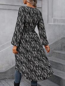 SHEIN LUNE Allover Print High Low Hem Blouse - Black - View 2