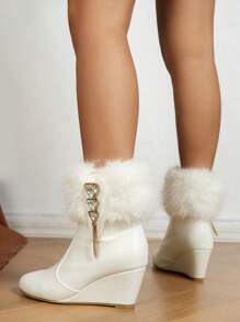 女式時尚毛領坡跟短靴，白色坡跟厚底靴子，冬季靴子