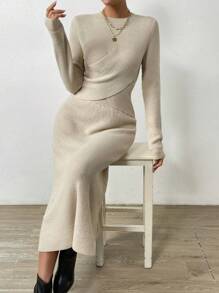 SHEIN Frenchy 交叉毛衣和針織裙 - 杏色 - 查看 1