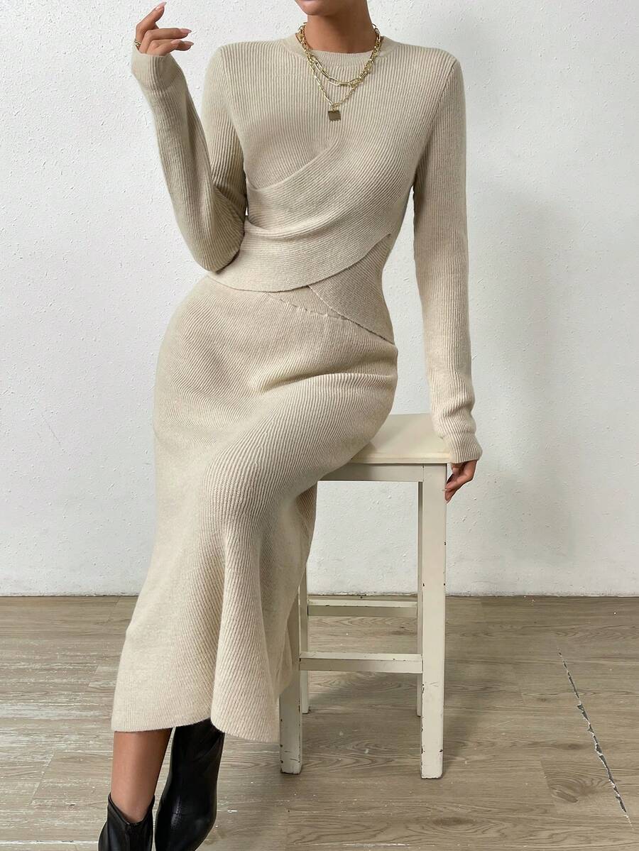 SHEIN Frenchy 交叉毛衣和針織裙 - 杏色 - 查看 1