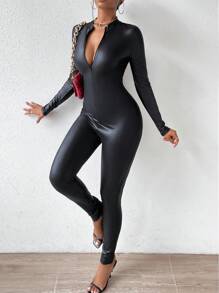 SHEIN SXY Mock Neck PU Leather Unitard Jumpsuit - Black - View 6