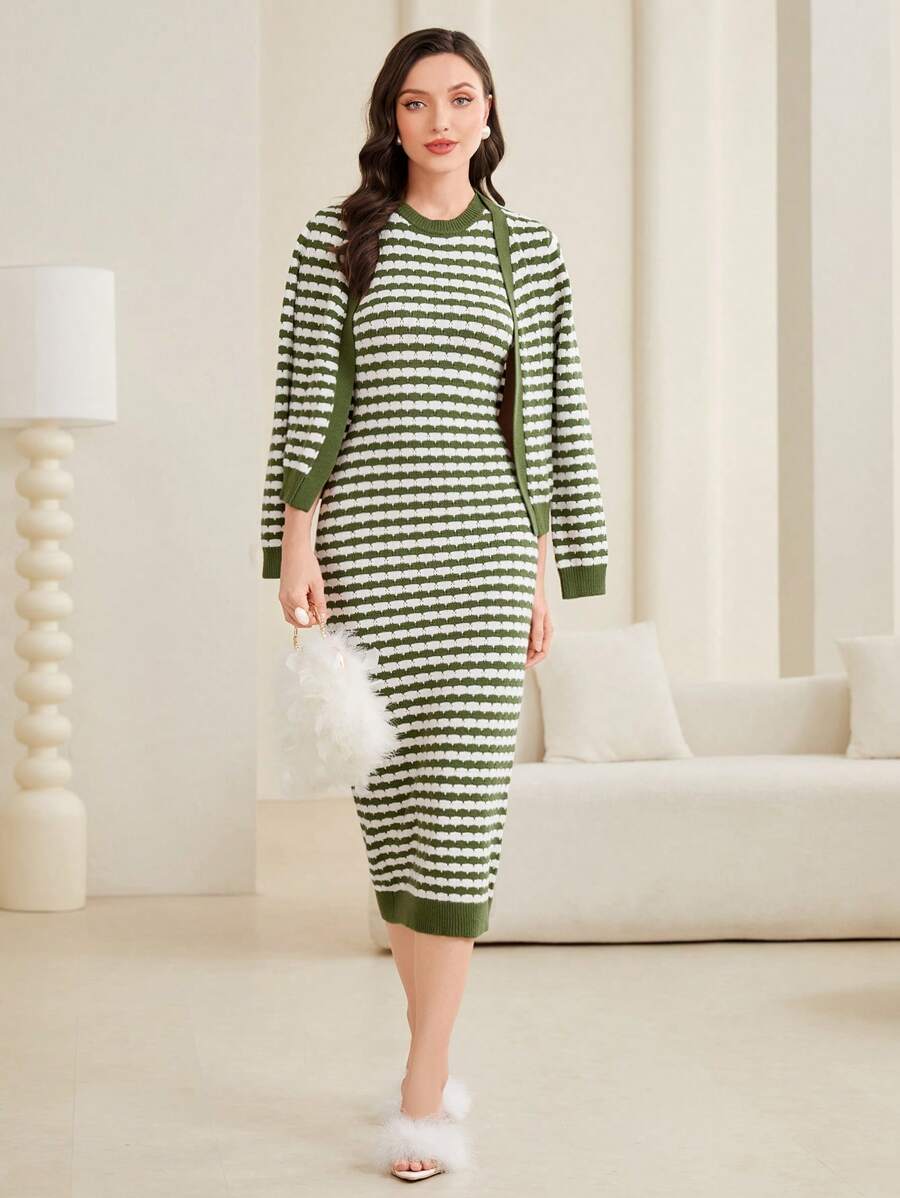Mulvari Striped Pattern Cardigan & Sweater Dress - Green - View 1