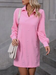 SHEIN Clasi 珍珠串珠落肩T恤連衣裙 - 粉色 - 查看 5