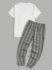 Manfinity VCAY 男士格子短袖 T 恤和裤子套装 - 灰色 - 查看 2