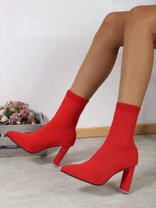 Women's Thick Heel Knit Sock Boots Elegant Pointed-Toe Comfortable Fashion Short Boots, Match With Cardigan, Red , Wear With Sweater, Suitable For Women Fashion Boots With Long Dress