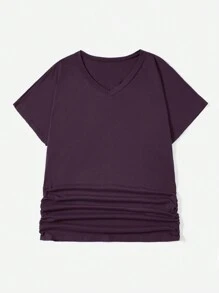 SHEIN Unity Talla grande Camiseta unicolor fruncido de manga murciélago - Morado - Ver 3