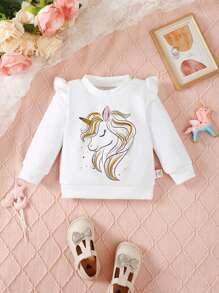 Baby Girl Unicorn Print Ruffle Trim Sweatshirt - White - View 1