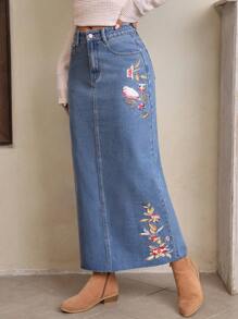 SHEIN LUNE Thêu hoa Tách rời Váy Denim - Màu xanh lam - Xem 1