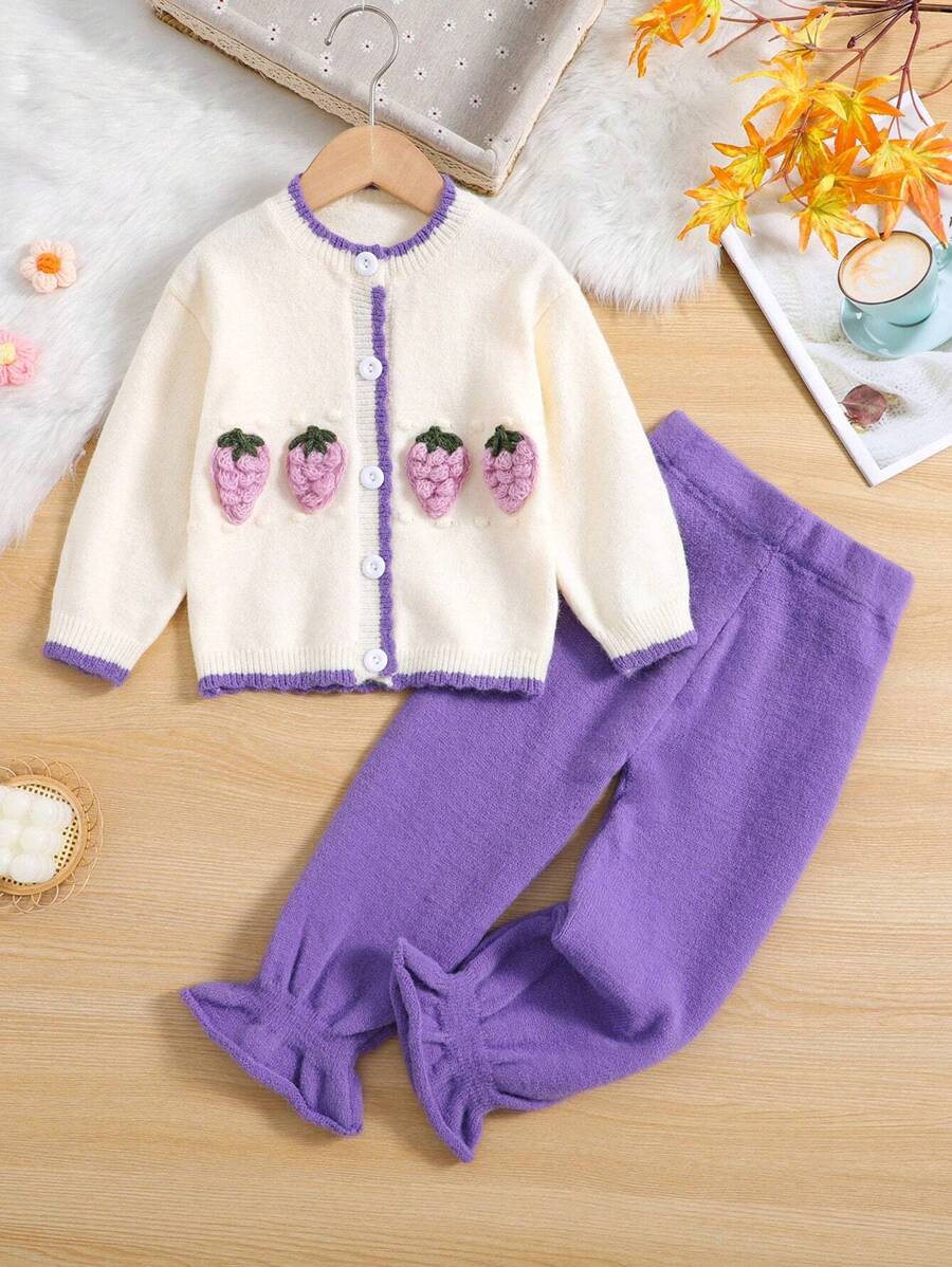 SHEIN Young Girl Grape Pattern Cardigan & Ruffle Hem Knit Pants - Purple - View 1