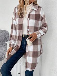 SHEIN Privé 格紋印花落肩袖弧形下擺外套 - 棕色 - 查看 3