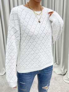 SHEIN Privé Guipure Lace Back Drop Shoulder Sweater - White - View 3