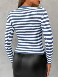 EURMUSE Women's Round Neck Ribbed Knitted Sweater - Navy Blue - View 2