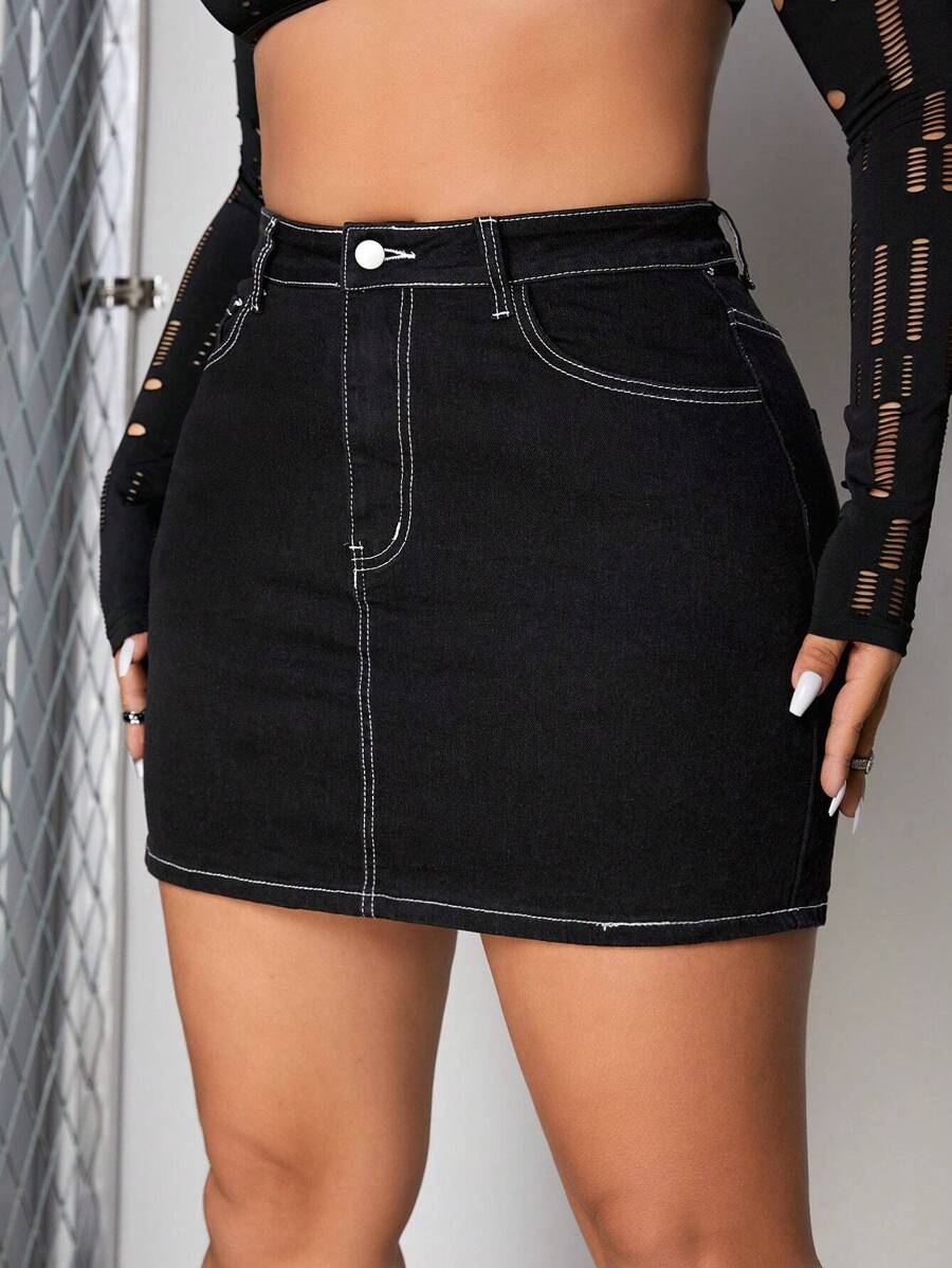 SHEIN ICON Plus Top-Stitching Bodycon Denim Skirt - Black - View 1