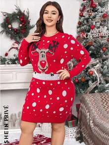 SHEIN Clasi Plus Christmas Pattern Sweater Dress - Red - View 6