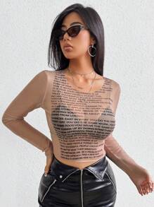 VaVaBold Top con estampado de slogan de malla sin sujetador - Albaricoque - Ver 1