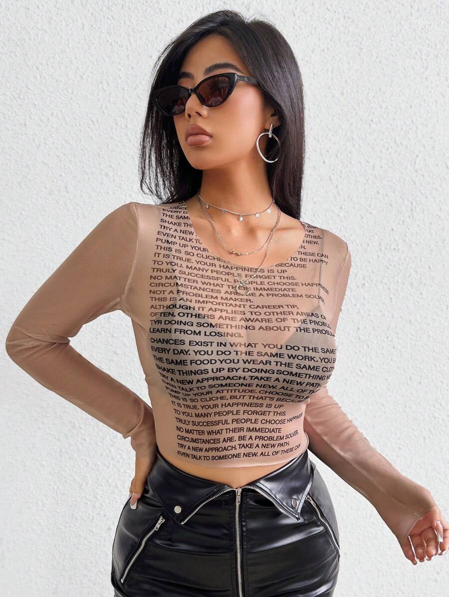 VaVaBold Top con estampado de slogan de malla sin sujetador - Albaricoque - Ver 1