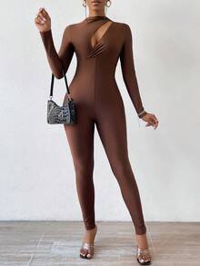 SHEIN Slayr Funnel Neck Cut Out Unitard Jumpsuit - Brown - View 3