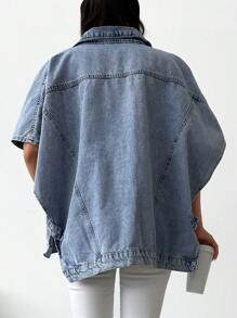 Cottnline Loose Fit Casual Half Sleeve Denim Jacket - Baby Blue - View 2