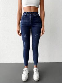 SHEIN PETITE Women's Skinny Cat Whisker Jeans - Dark Wash - View 4