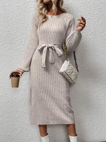 EMERY ROSE Tay Raglan Thắt lưng Đầm Áo len - Màu be - Xem 1