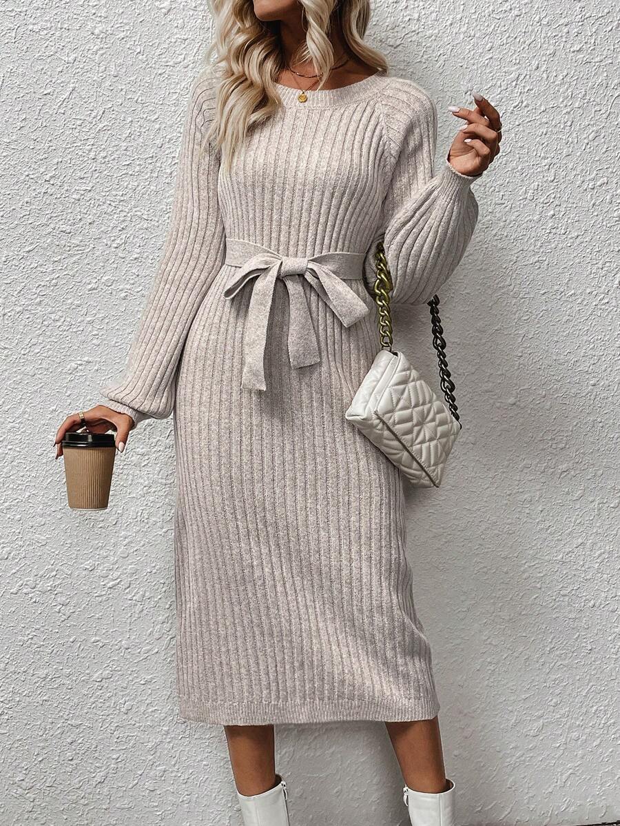 EMERY ROSE Tay Raglan Thắt lưng Đầm Áo len - Màu be - Xem 1