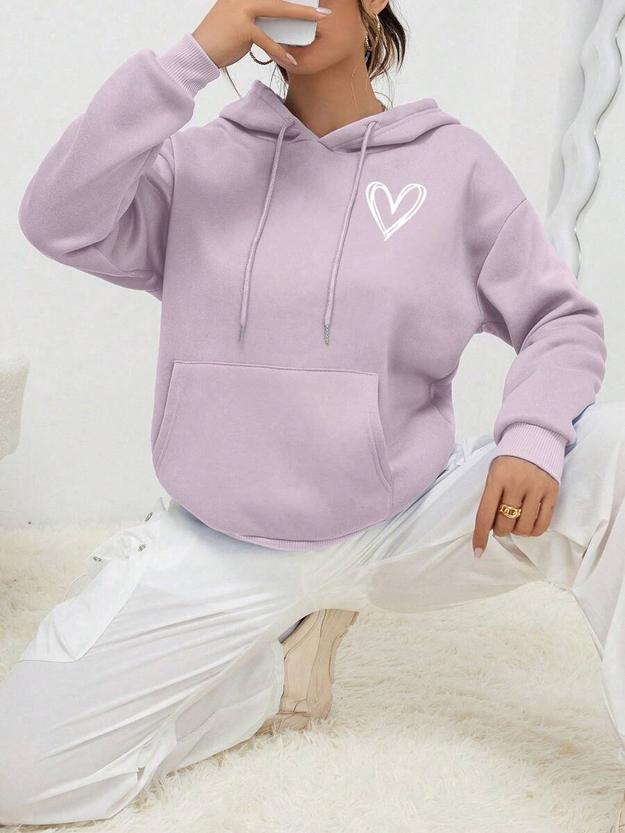 INAWLY 心形印花袋鼠口袋落肩抽绳连帽衫，长袖上衣