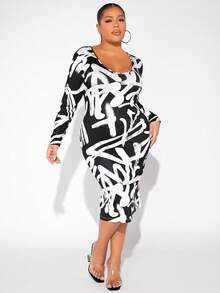 SHEIN LUNE 大碼滿版印花大圓領緊身洋裝 - 黑與白 - 查看 5