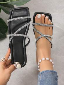 Women's Flat Mules Slipper With Rhinestone Decorated Strap, Comfortable Open Toe Sandal - Black - View 1