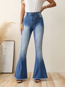 SHEIN LUNE Seam Front Raw Hem Flare Leg Jeans - Light Wash - View 4