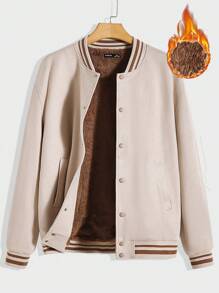 GENTILAND Oversized Men's Striped Trim Drop Shoulder Fuzzy Lined Bomber Jacket - Apricot - View 1