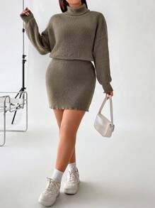 Flirla 大碼高領落肩袖毛衣洋裝 - 紫紅色 - 查看 3