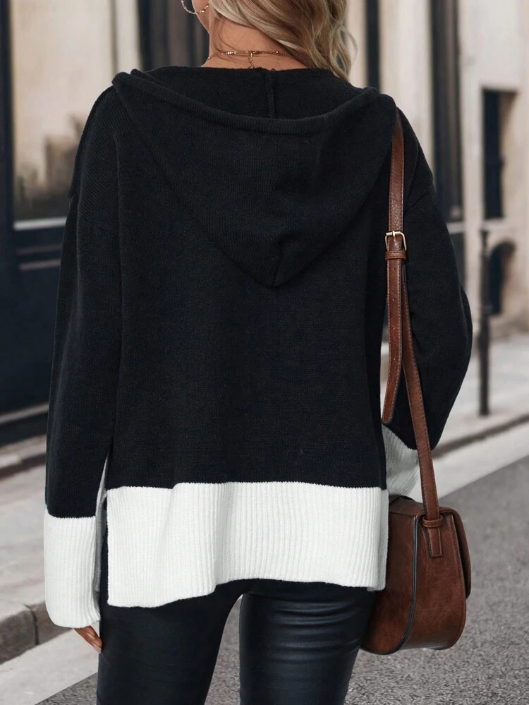 Two Tone Drop Shoulder Drawstring Hooded Knit Pullover Fall Winter Sweater