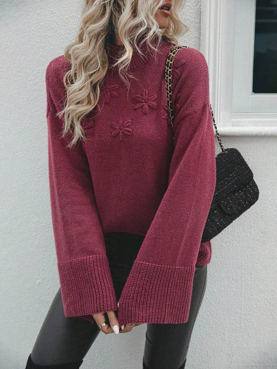 SHEIN LUNE 小高領貼花落肩袖套頭毛衣 - 紅色 - 查看 1