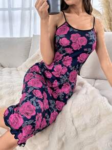 Camicia da notte pigiama con decorazione a stampa floreale e bordo a lattuga