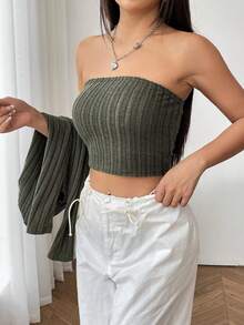 SHEIN EZwear 素色條紋針織抹胸上衣&短上衣 - 軍綠色 - 查看 5