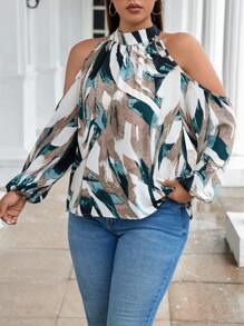 Easura Plus Allover Print Cold Shoulder Lantern Sleeve Blouse Fall Cloth For Women - Multicolor - View 6